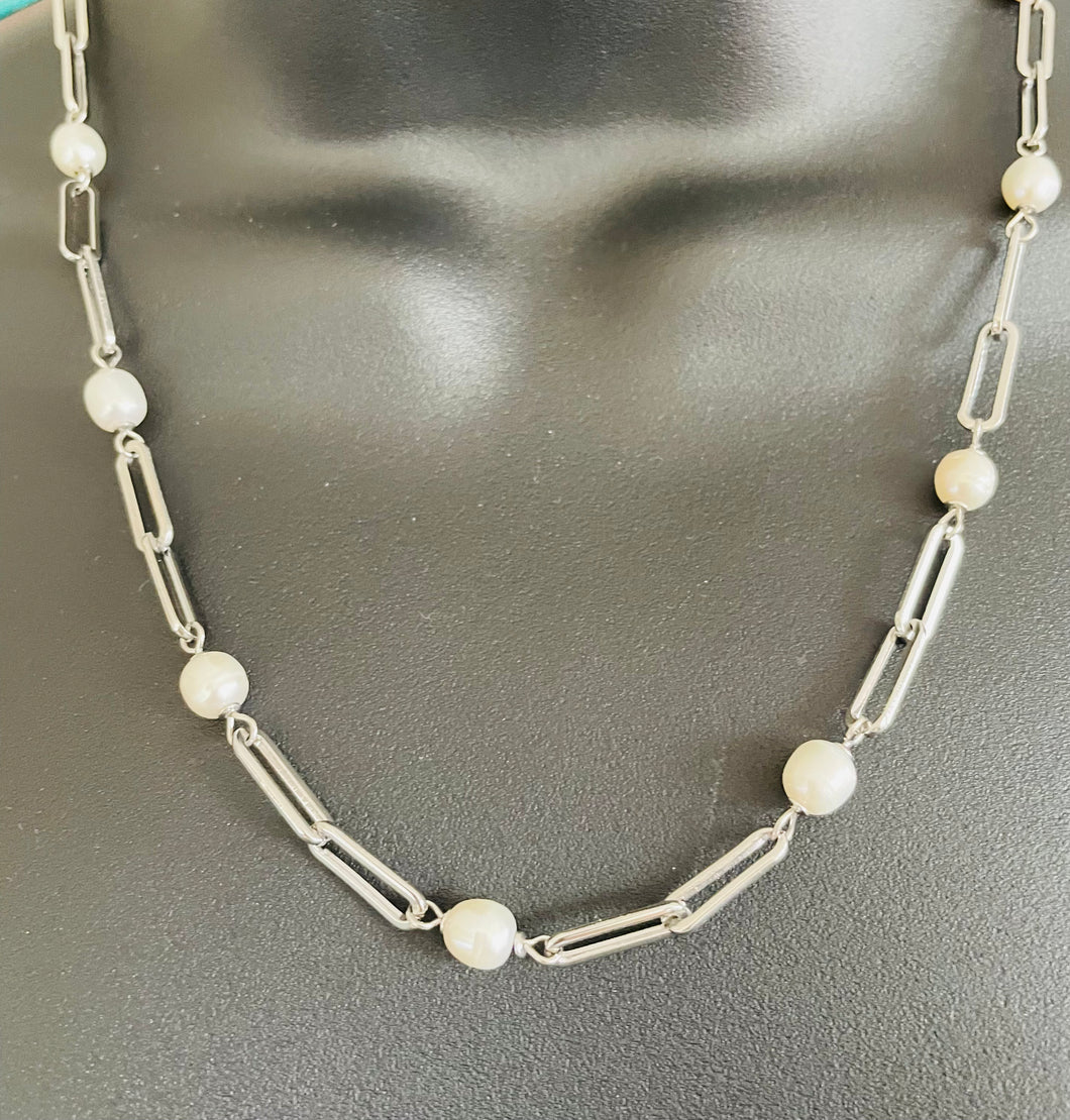 SILVER CHAIN PEARLS NECKLACE